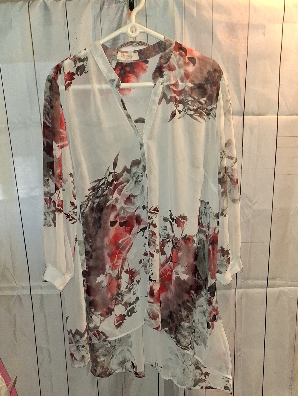 Orage Sheer Floral Button-Front Blouse in White, Red, Gray